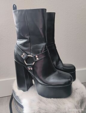 Women's Black Platform Block Heel Boots with Ring Harness